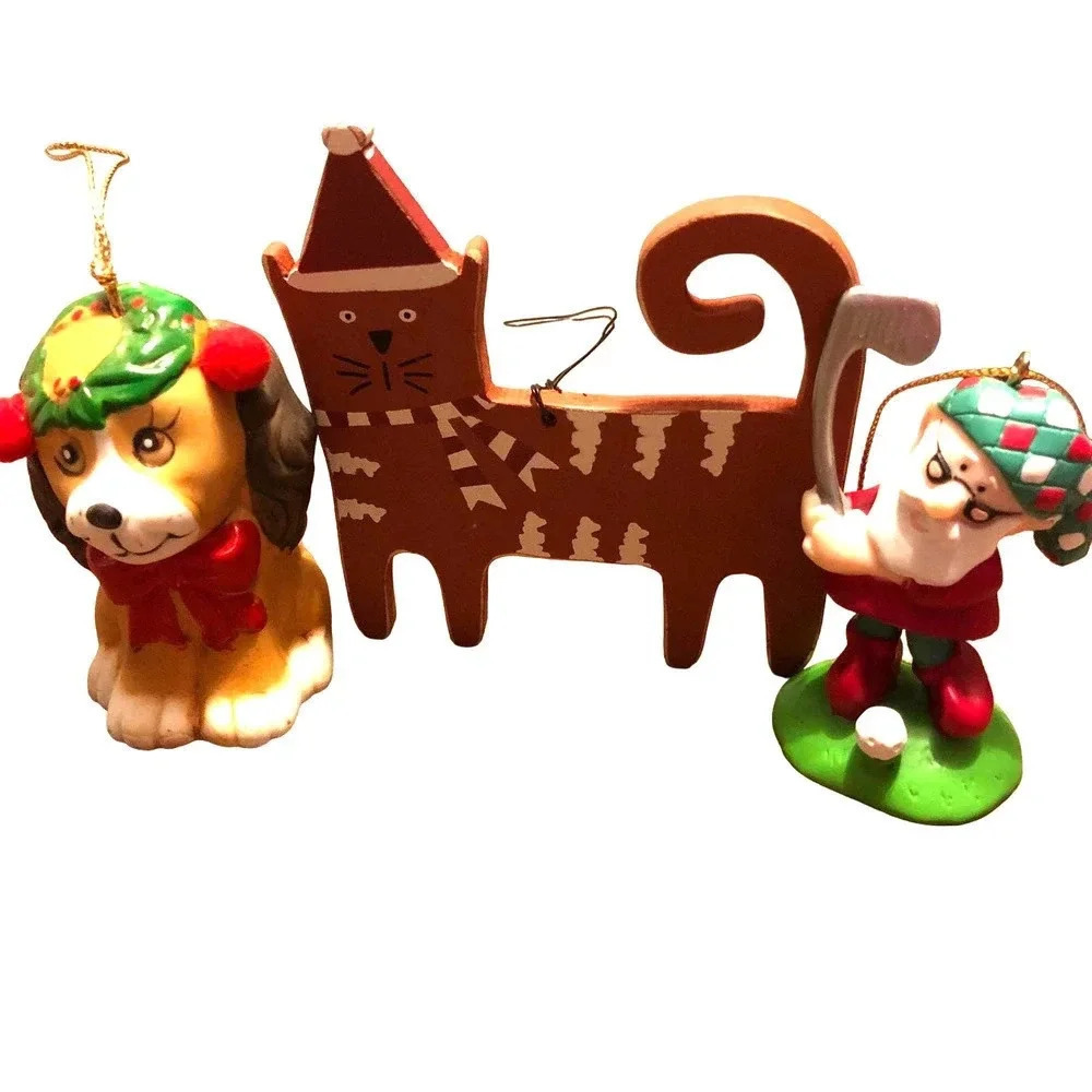 3 Pieces lot Of Christmas ornaments Cat Dog and Santa